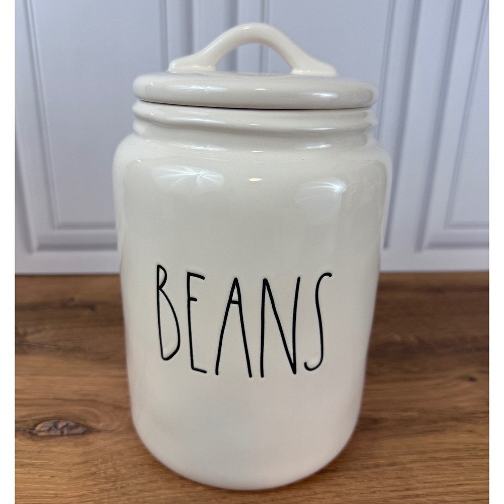 Rae Dunn White BEANS‎ 10" Farmhouse Cannister Large Letters Magenta